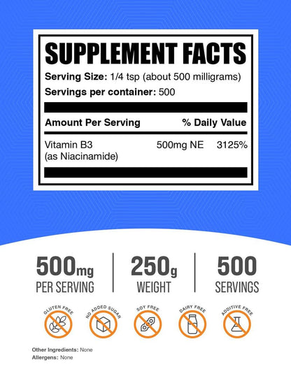 Bolsa BulkSupplements polvo vitamina B3 niacinamida sin gluten