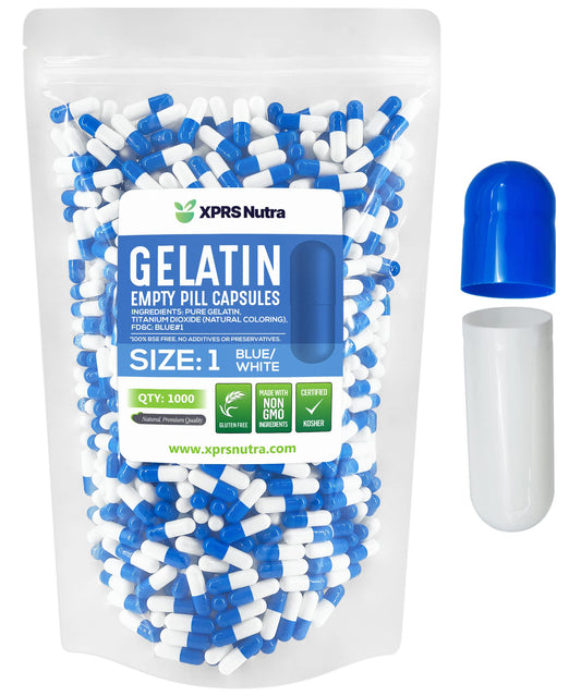 Bolsa de cápsulas vacías de gelatina azul y blanco XPRS Nutra tamaño 1