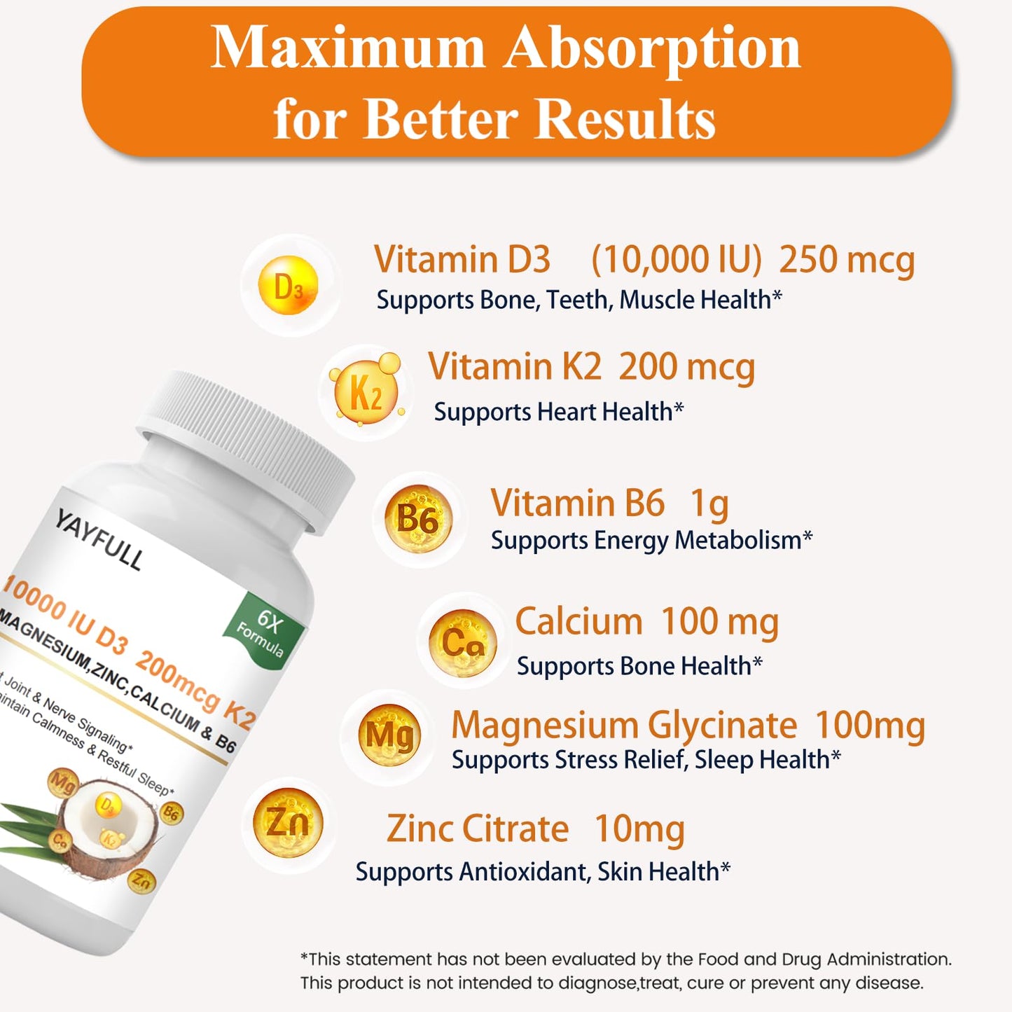 Bolsa del suplemento vitaminico YAYFULL D3 K2 magnesio