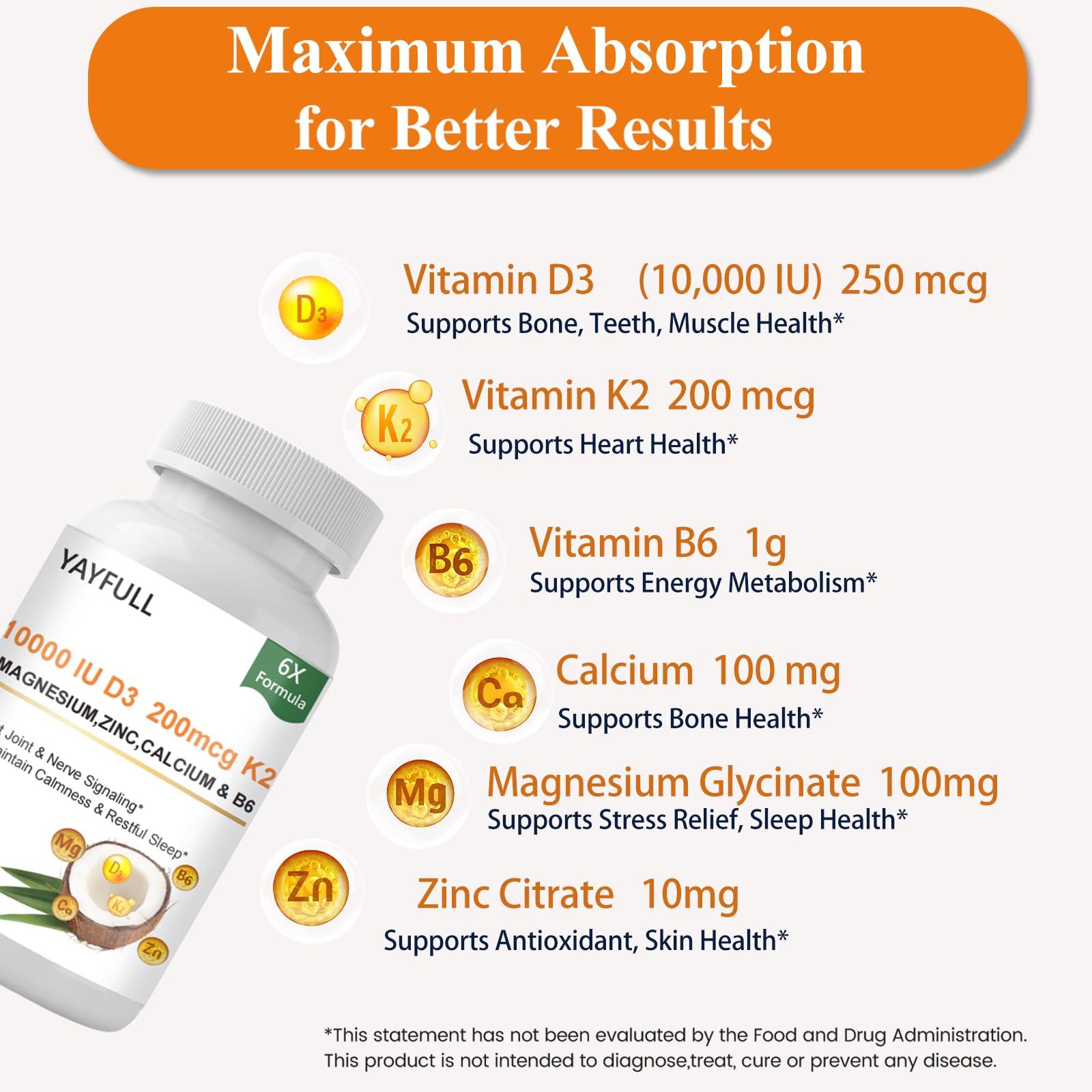 Bolsa del suplemento vitaminico YAYFULL D3 K2 magnesio
