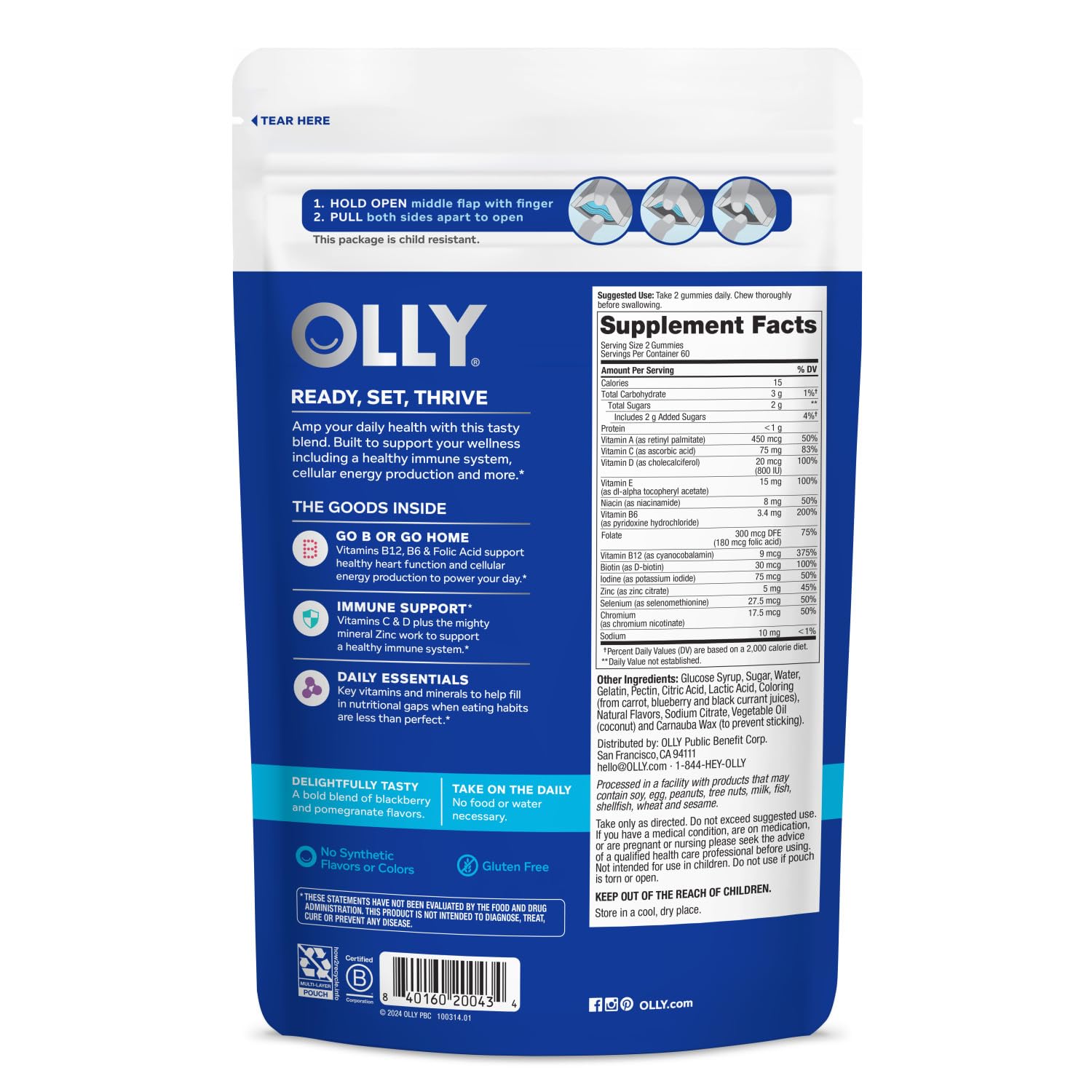 Bolsa de vitaminas para hombres OLLY vista trasera.