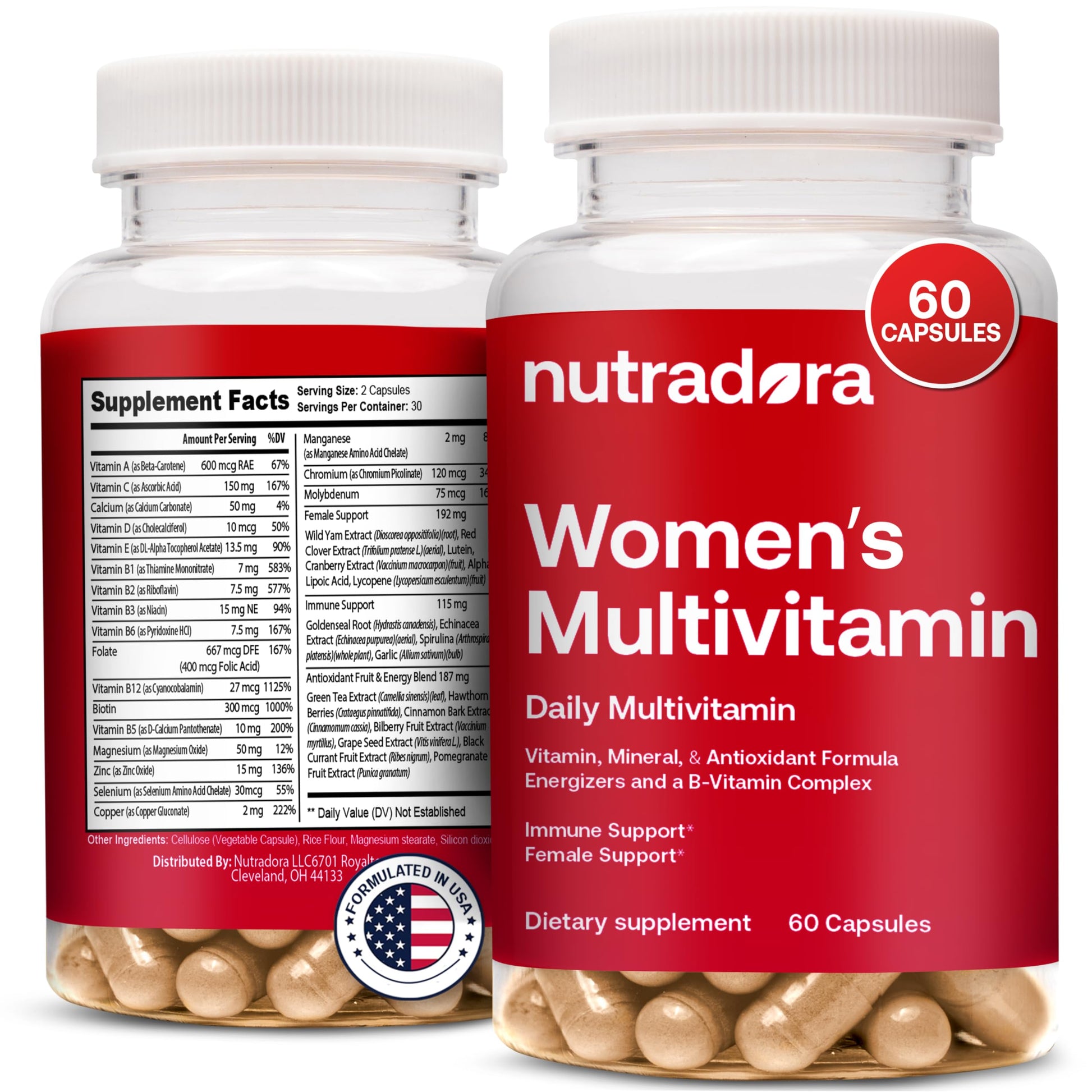 Bote de multivitaminas para mujeres Nutradora.