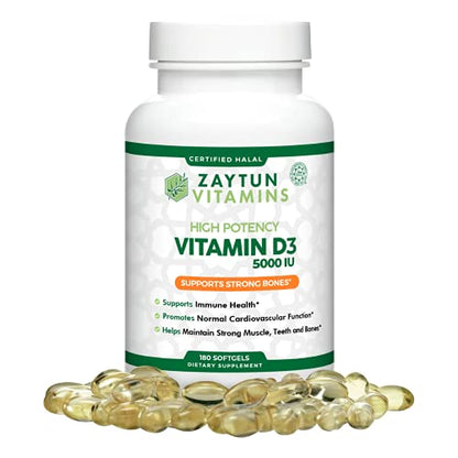 Bote vitamina D3 5000 UI cápsulas blandas Halal Zaytun