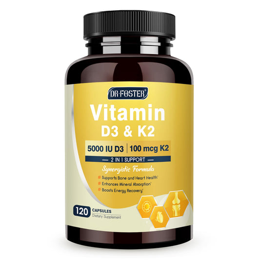 Botella de 120 cápsulas veganas vitamina d3 k2 drfoster