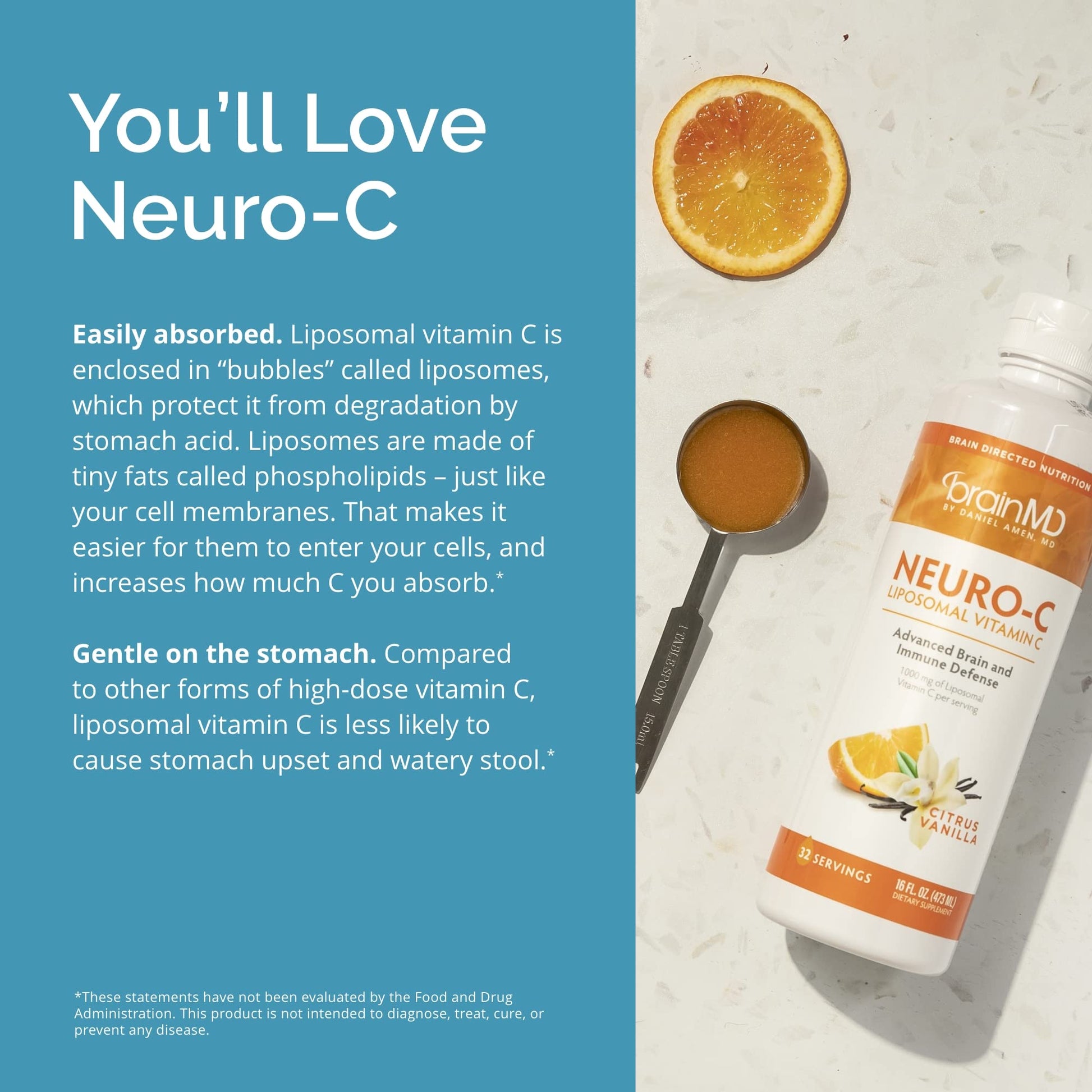Botella 16oz brainmd neuro-c vitamina c liposomal cítrico vainilla
