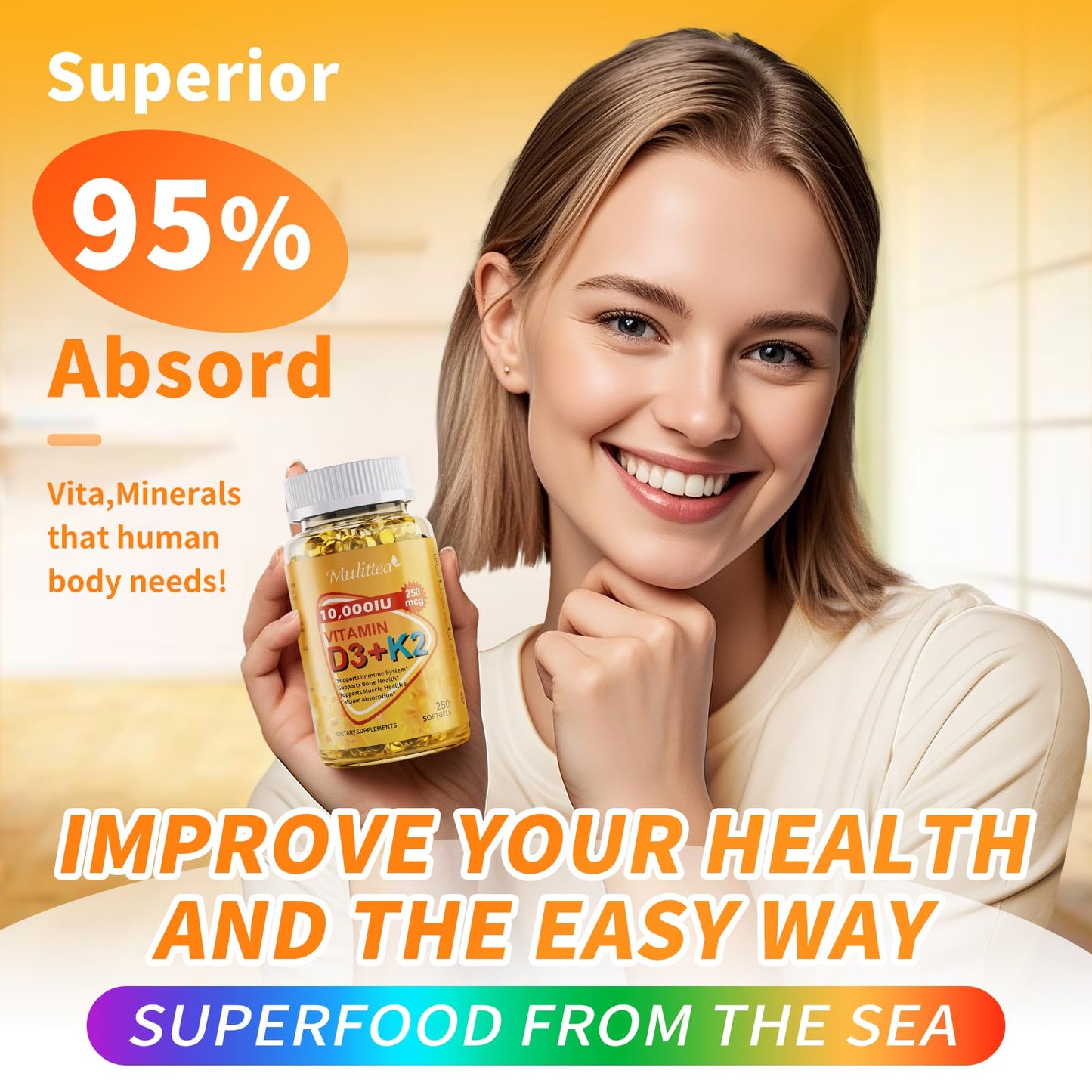 Botella de 300 cápsulas vitaminas D3 y K2 complejas Mulittea