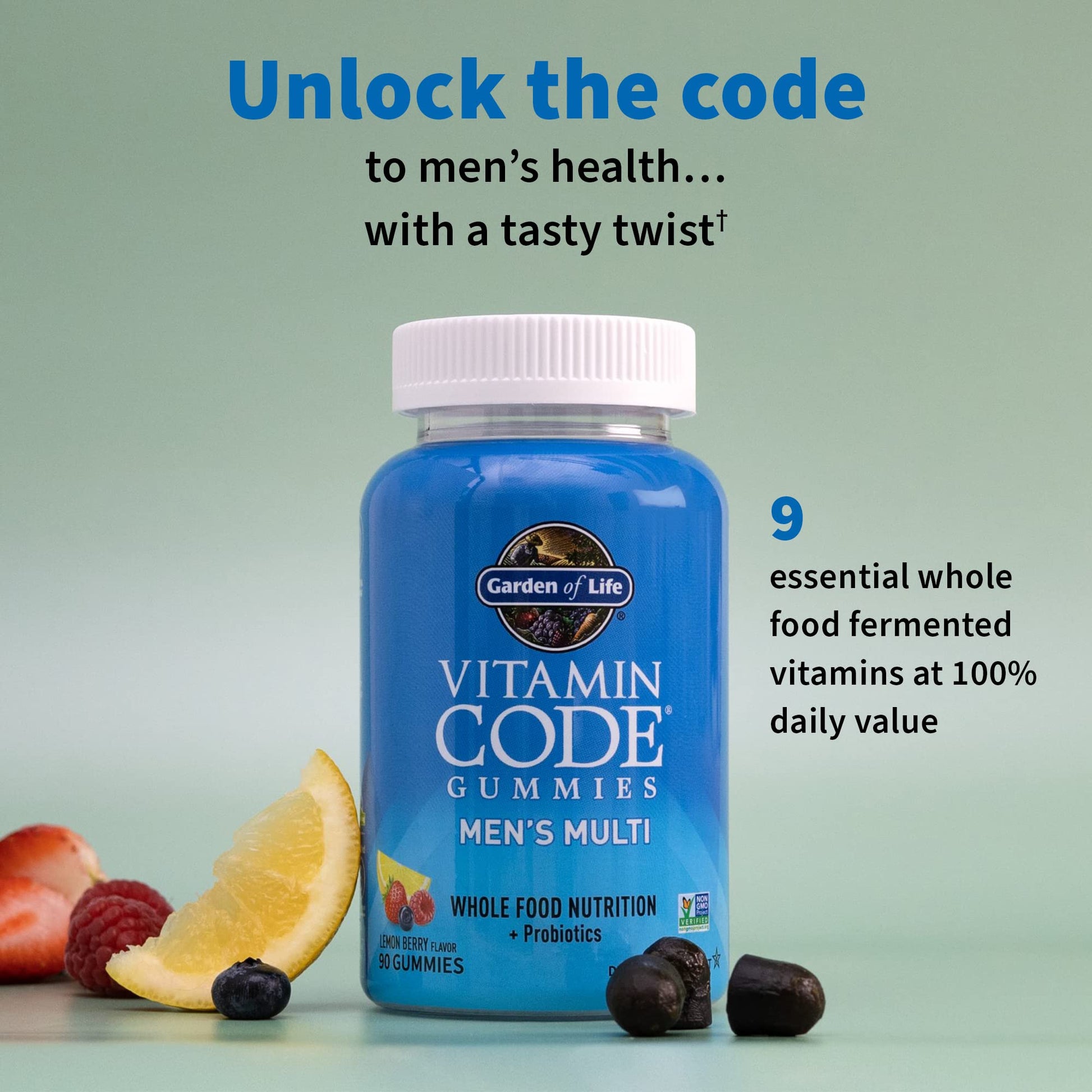 Botella abierta de gomitas multivitamínicas Garden of Life para hombres