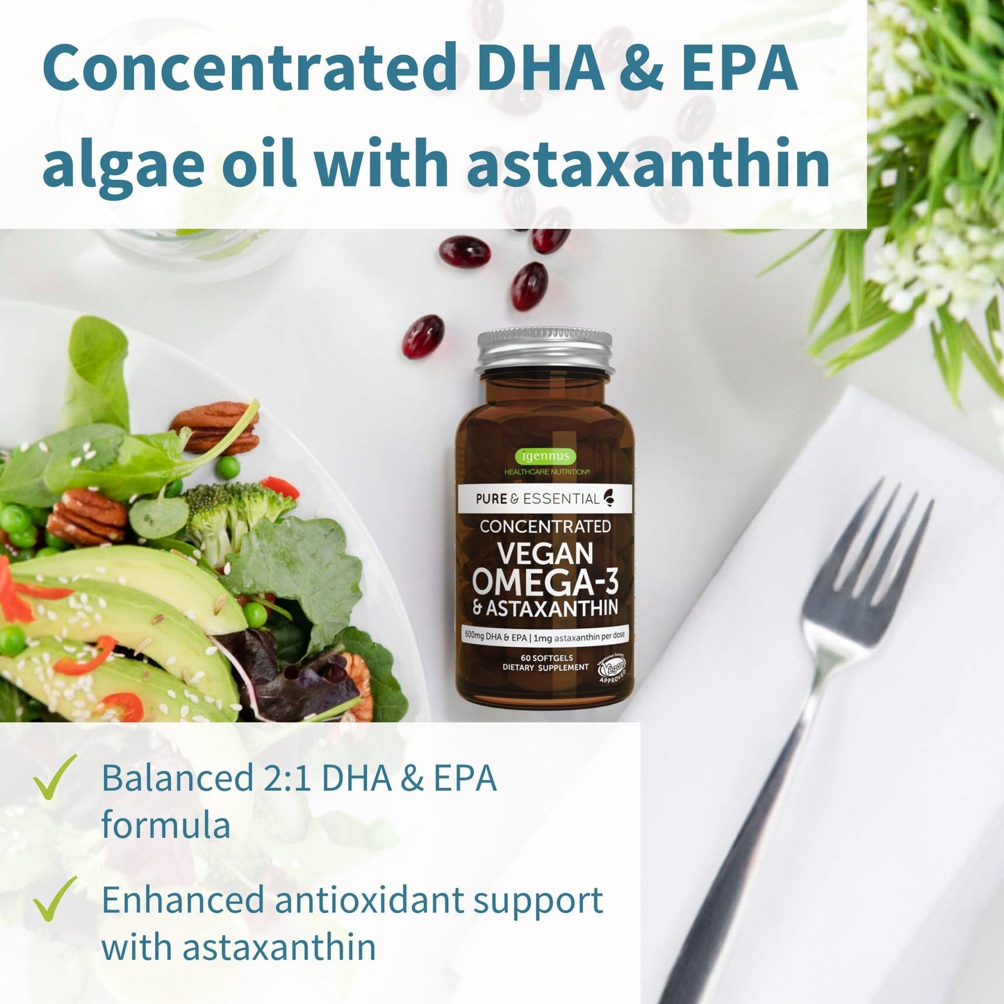 Botella aceite algas Omega-3 DHA EPA vegano Igennus