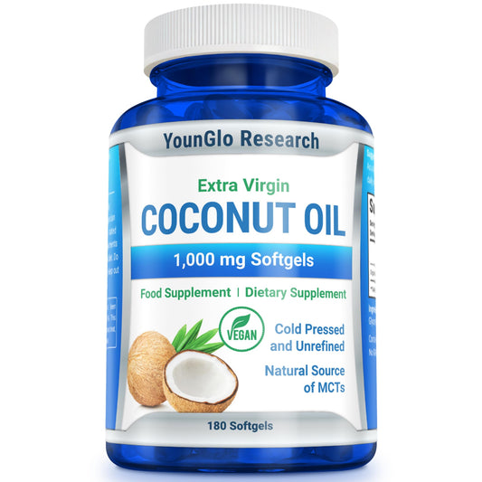 botella de aceite de coco YounGlo Research de 1000 mg