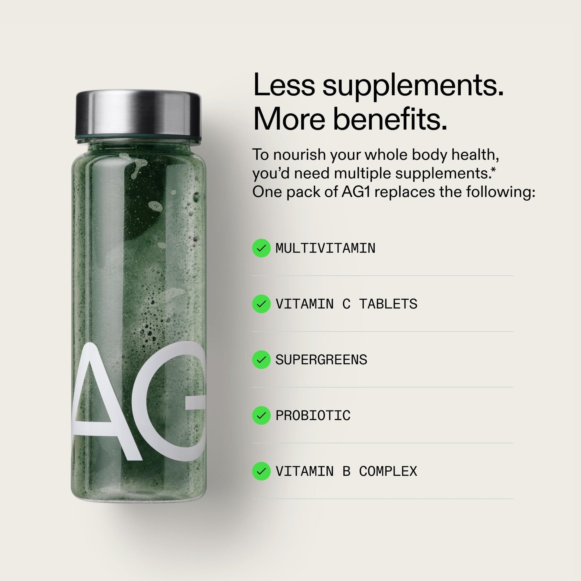 Botella de AG1 mostrando beneficios multivitamínicos