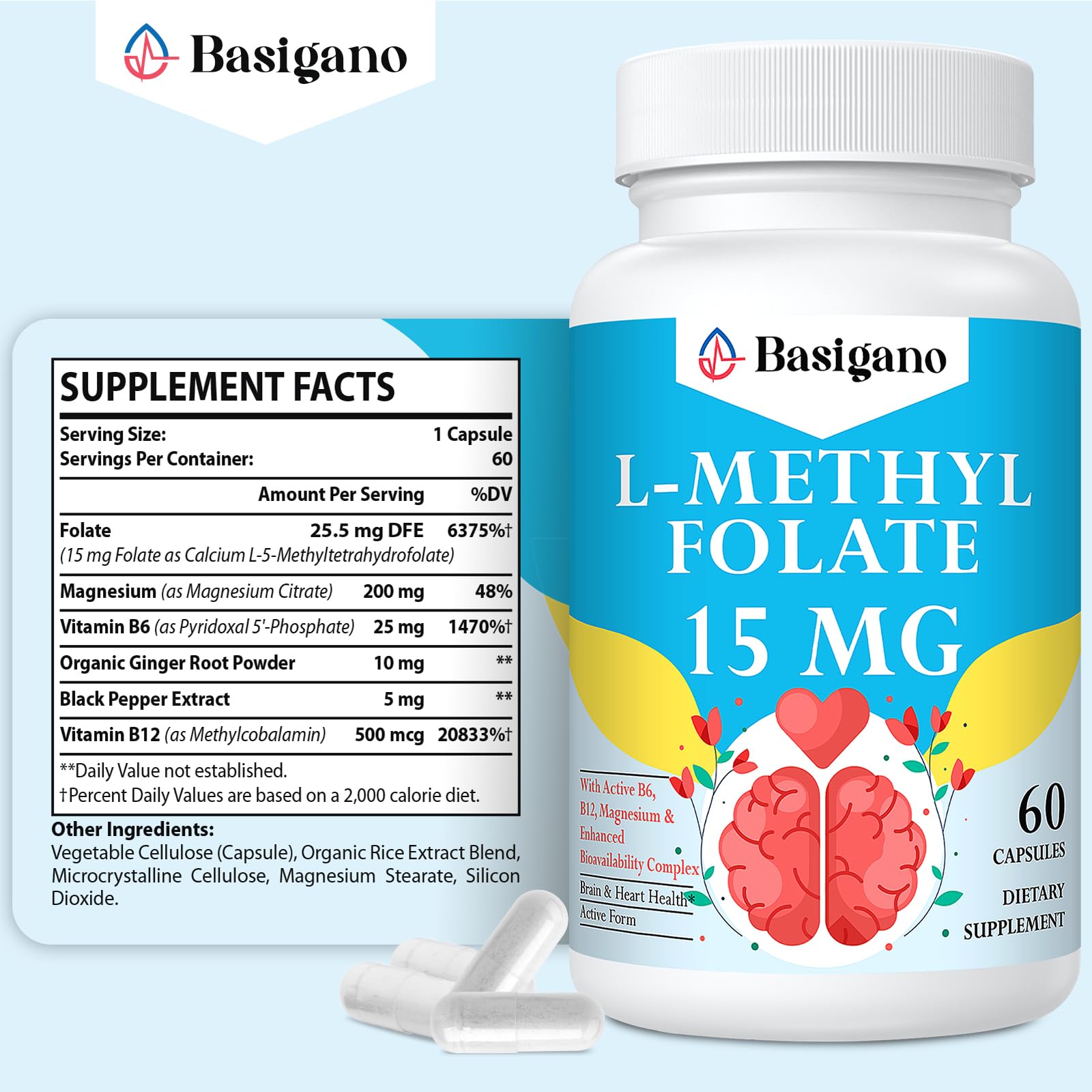 Botella Basigano L-metilfolato 15mg con vitaminas B
