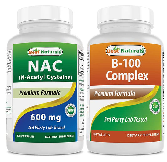 Botella Best Naturals NAC 600 mg complejo B-100 suplemento