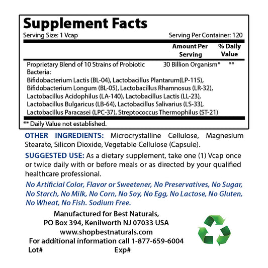Botella Best Naturals probióticos 30 mil millones UFC con vitamina D3