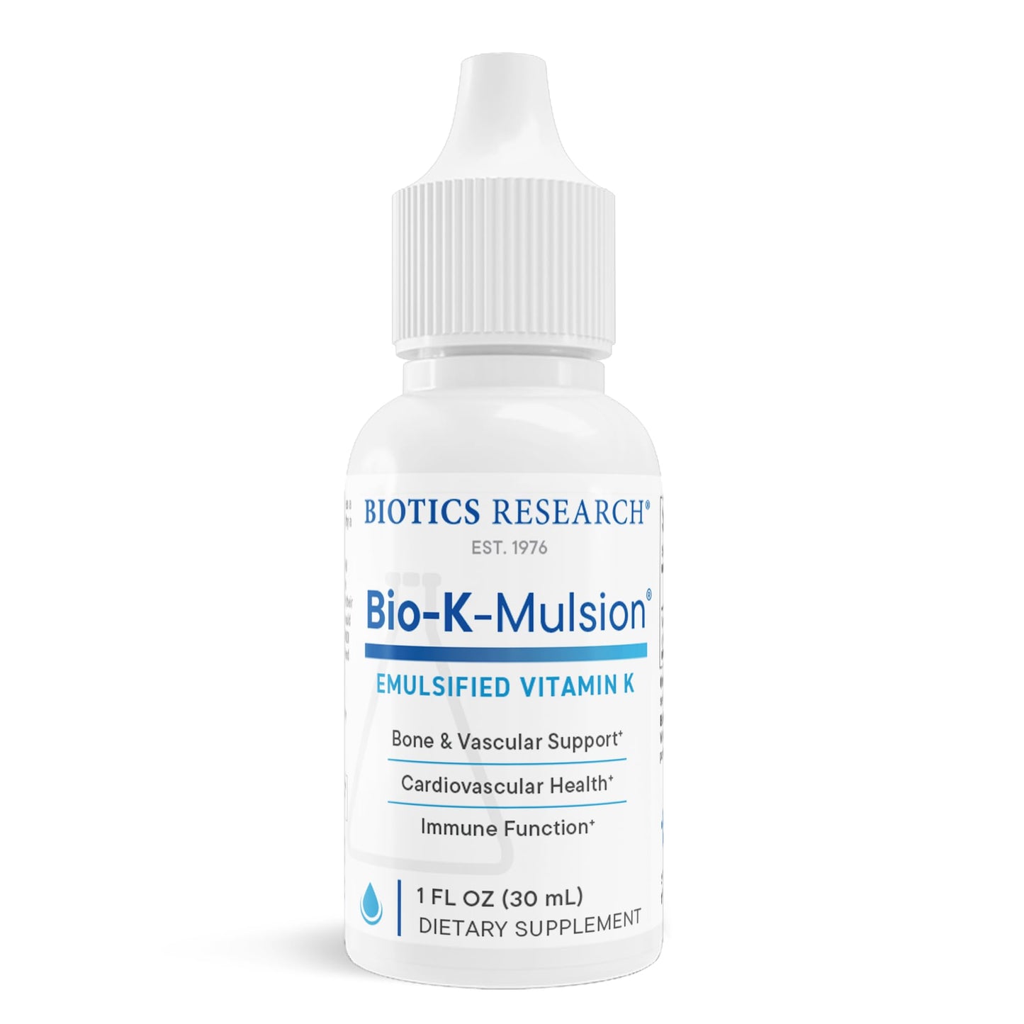Botella Biotics Research gotas líquidas vitamina K1 para huesos y corazón