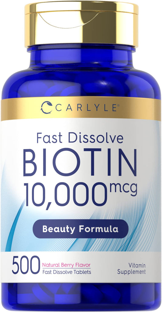 Botella de biotina 10,000 mcg máxima fuerza Carlyle 500 tabletas