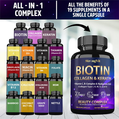 Botella de biotina con ácido hialurónico y colágeno.