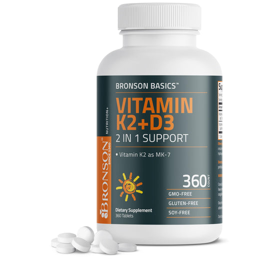 Botella Bronson vitamina K2 D3 5000 IU y 90 mcg K2 MK-7 360 tabletas