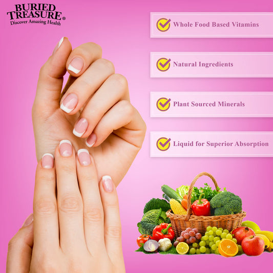 Botella Buried Treasure vitamina MSM biotina y aloe vera