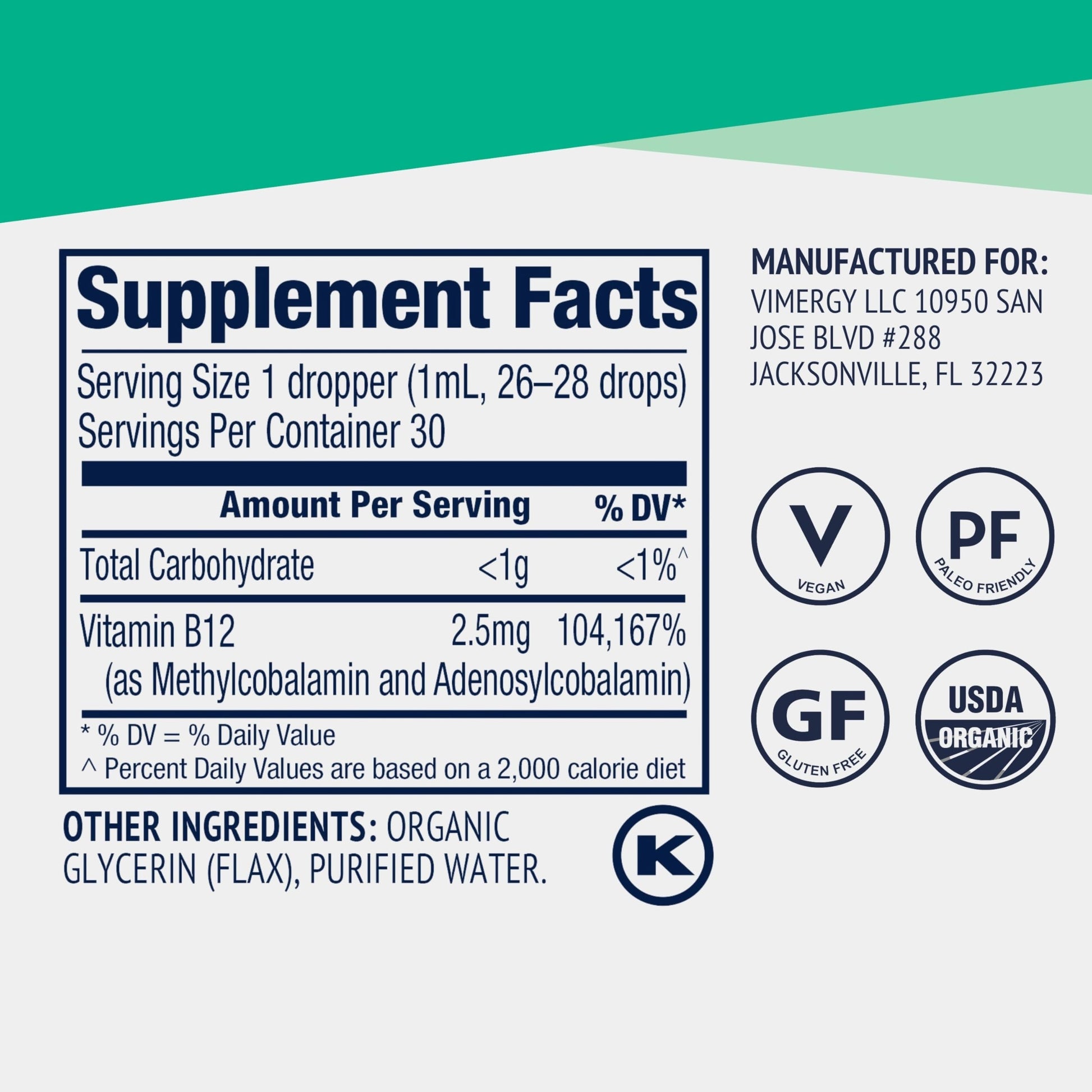 Botella y caja suplemento vitamina B12 líquida Vimergy