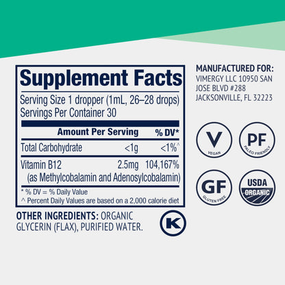 Botella y caja suplemento vitamina B12 líquida Vimergy