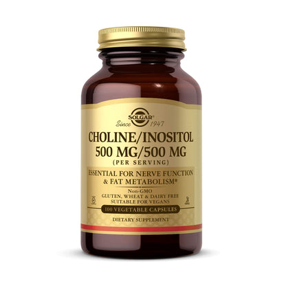 Botella de cápsulas vegetales de colina e inositol Solgar 500 mg.