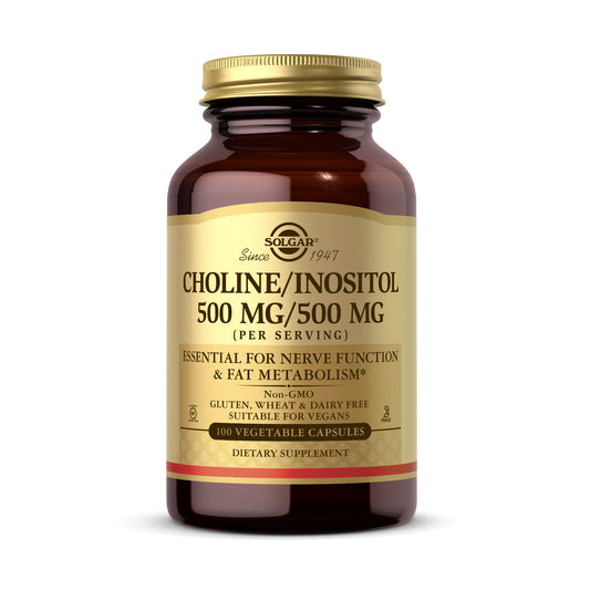 Botella de cápsulas vegetales de colina e inositol Solgar 500 mg.