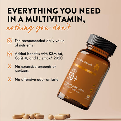 Botella y cápsulas Mt. Angel Vitamins Men 50+ en mesa
