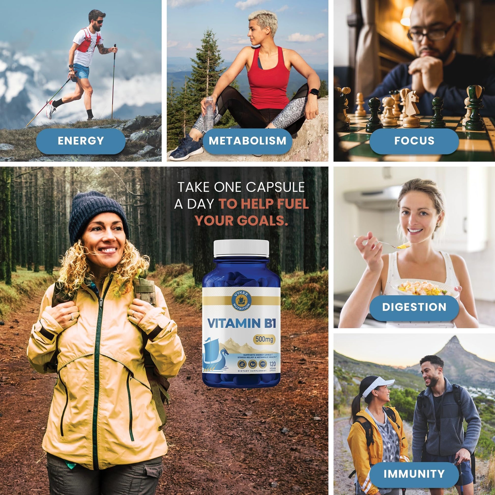 Botella cápsulas Vykee vitamina B1 para metabolismo energético y salud nerviosa