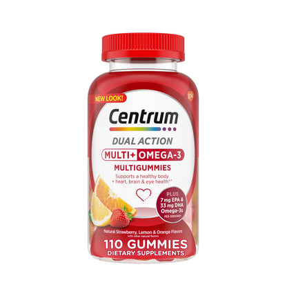 Botella de Centrum MultiGummies Multi+ Omega 3 con 110 gomitas