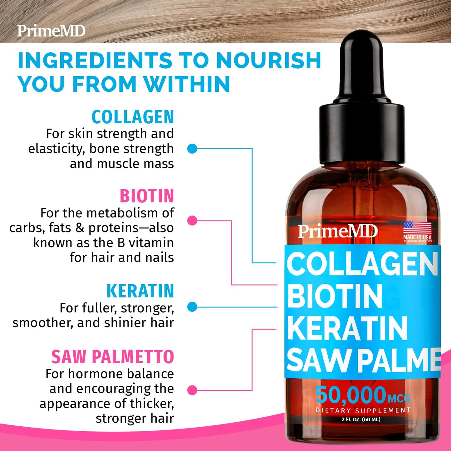Botella de colágeno líquido biotina para cabello, piel y uñas