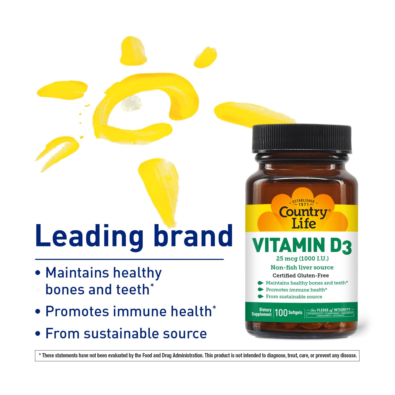 Botella Country Life vitamina d3 softgels sin gluten