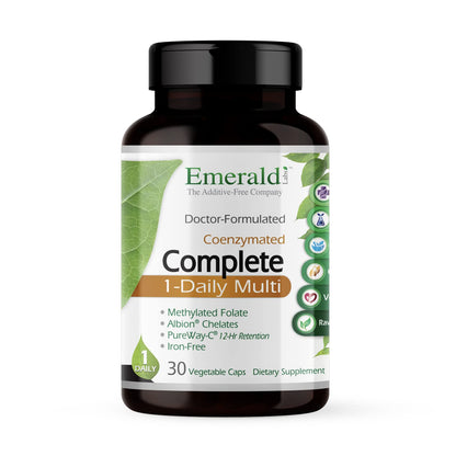 Botella de EMERALD LABS con etiqueta blanca y verde