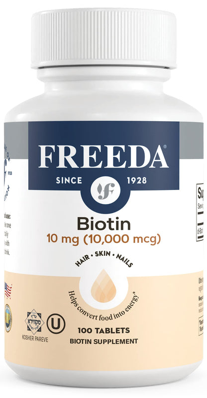 Botella de FREEDA Biotina 10000mcg tabletas para cabello