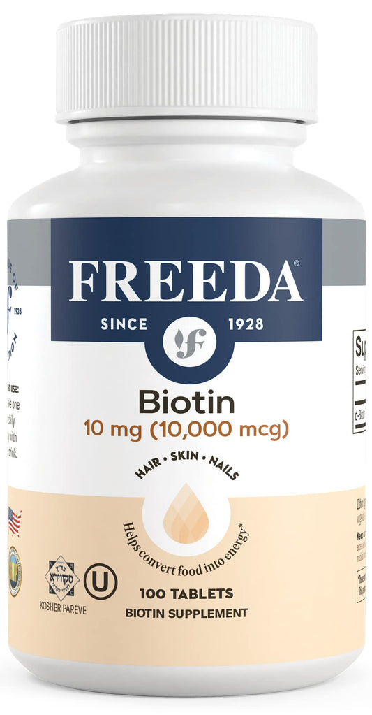 Botella de FREEDA Biotina 10000mcg tabletas para cabello
