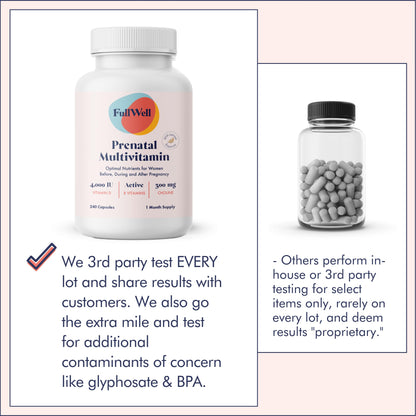 Botella frontal vitaminas prenatales FullWell recomendadas por OBGYN
