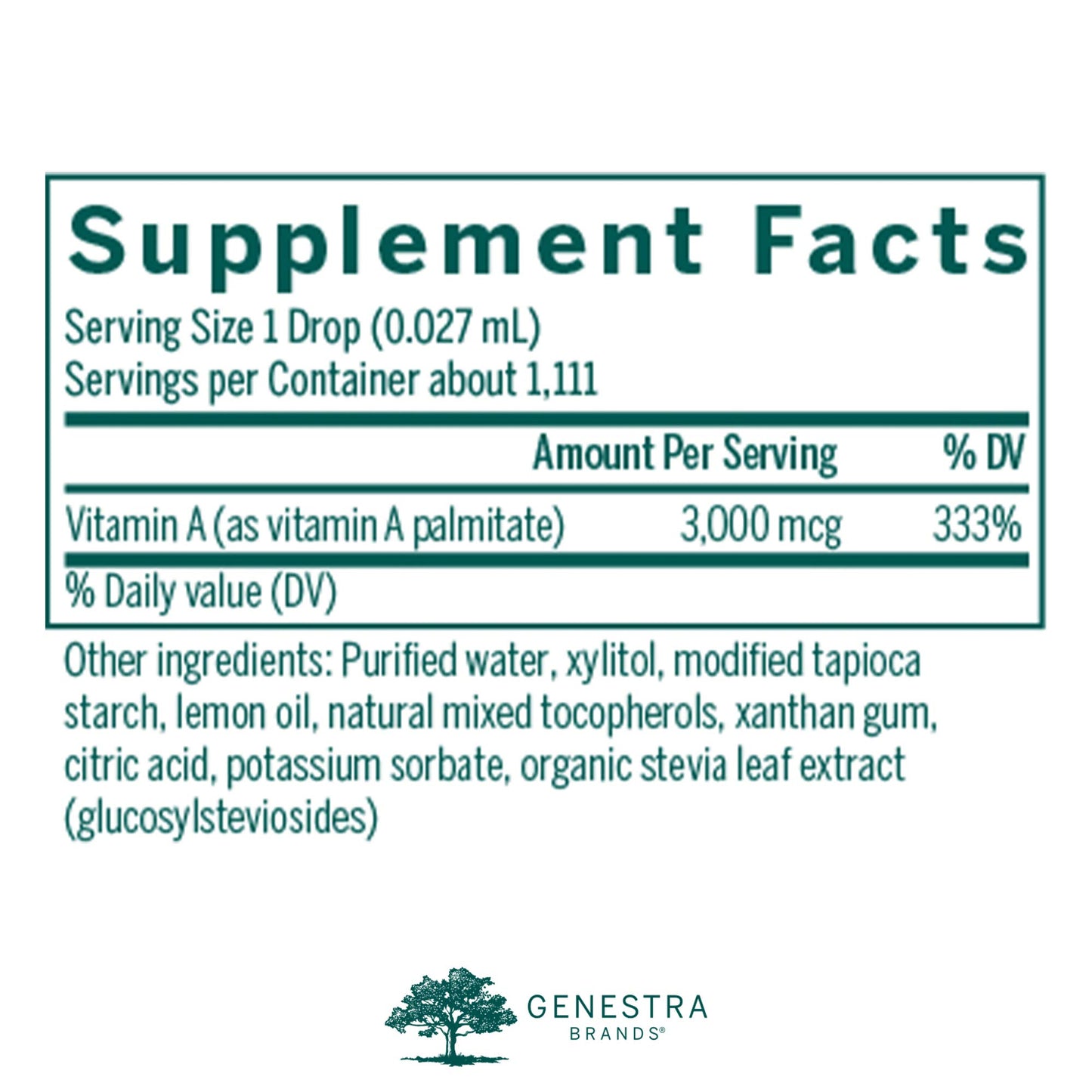 Botella Genestra Brands A-Mulsion vitamina A para salud ocular y piel