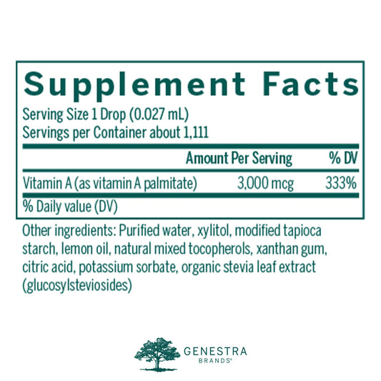 Botella Genestra Brands A-Mulsion vitamina A para salud ocular y piel