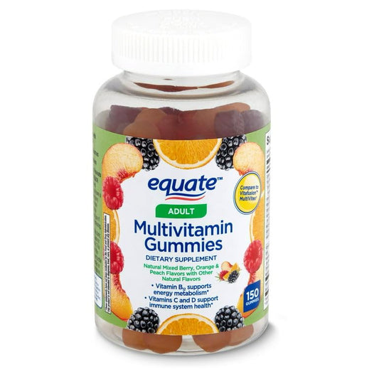 Botella de gomas multivitamínicas, sabores a bayas, naranja y durazno