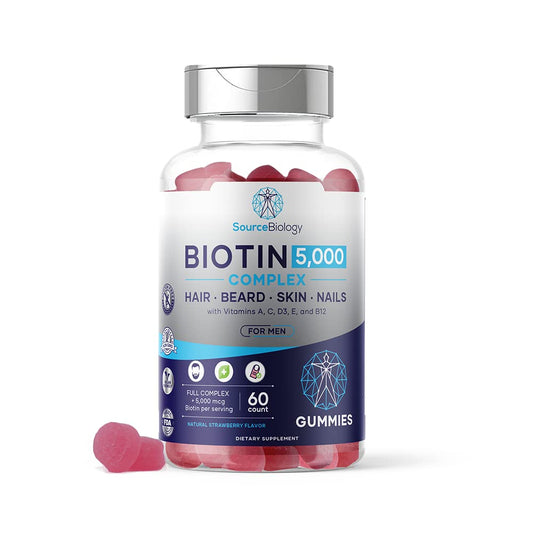 Botella de gomas veganas de biotina 5000 mcg Source Biology para hombres