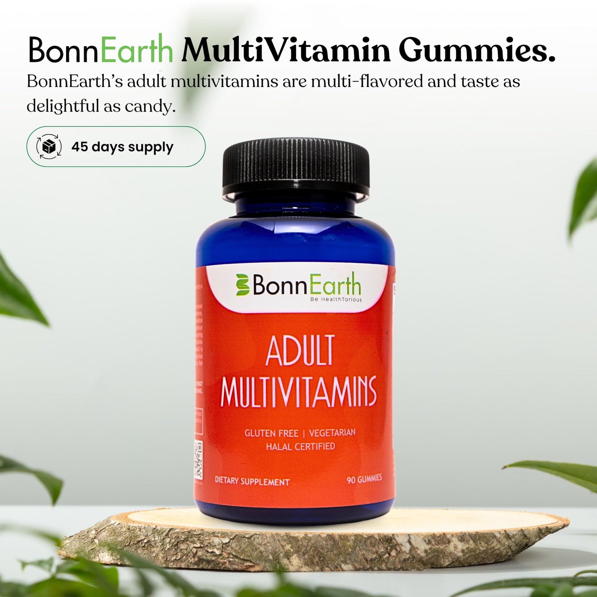 Botella de gomitas BonnEarth sobre una hoja