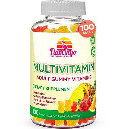 Botella de gomitas multivitamínicas Flamingo sabores naturales