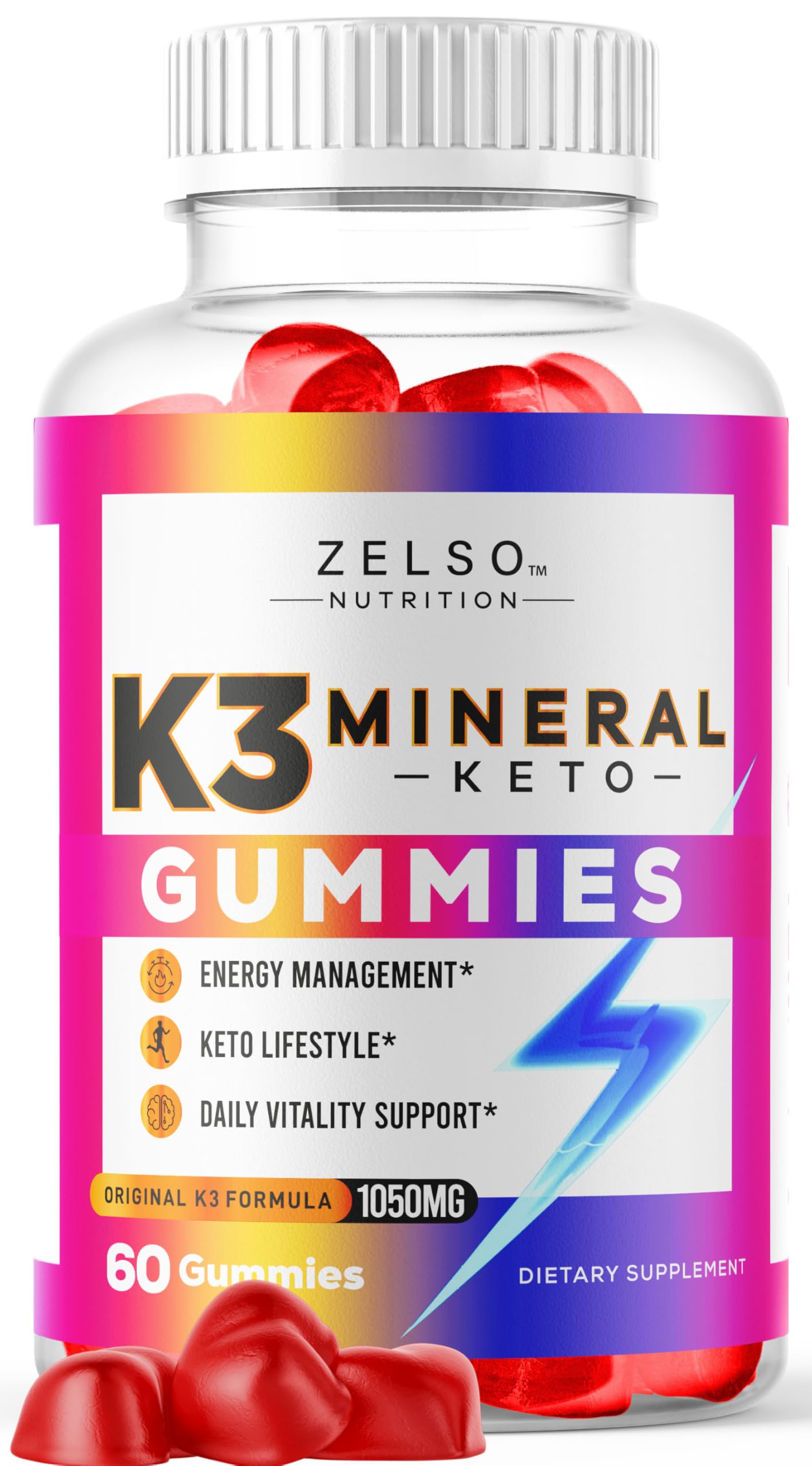 Botella de gomitas K3 Minerales con etiqueta colorida