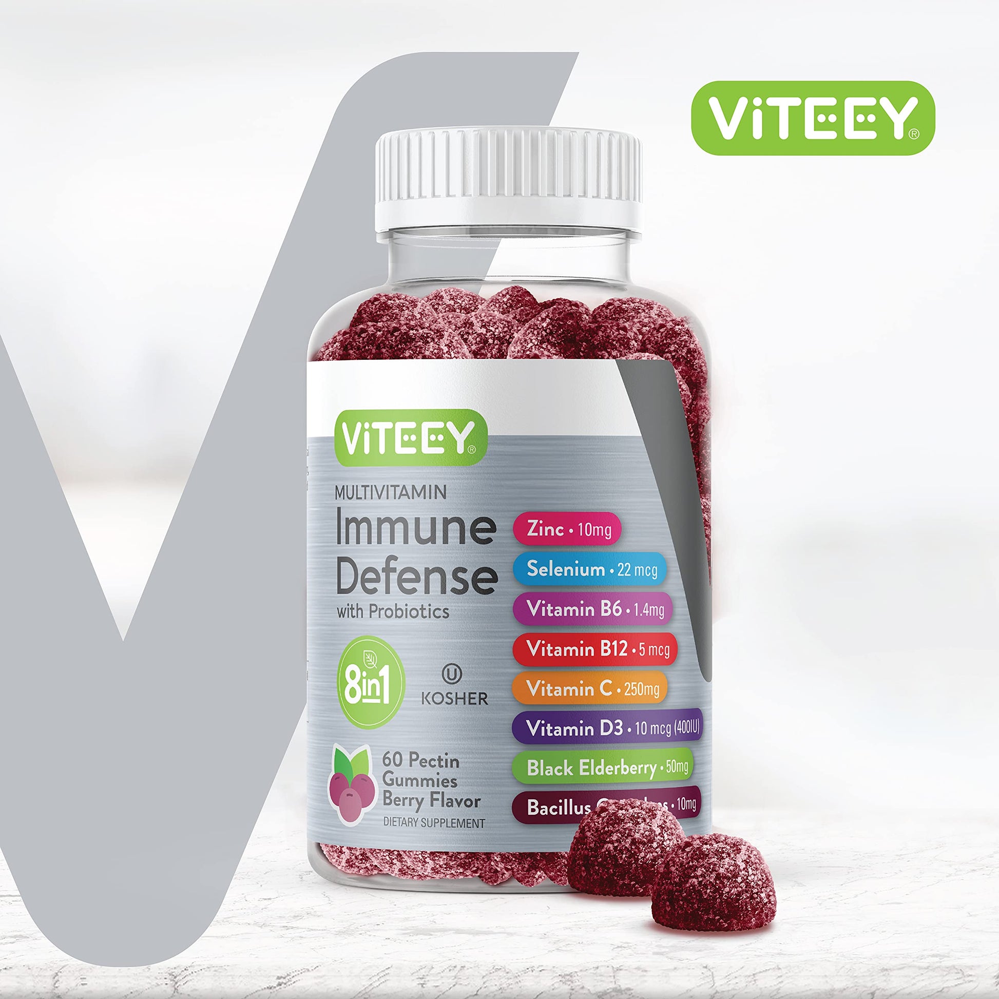 Botella de gomitas multivitamínicas con etiqueta de ingredientes