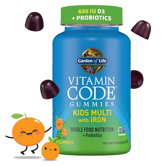 Botella de gomitas multivitamínicas Garden of Life para niños con hierro sabor naranja.