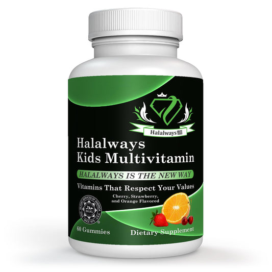 Botella de gomitas multivitamínicas Halalways para niños, certificadas Halal.