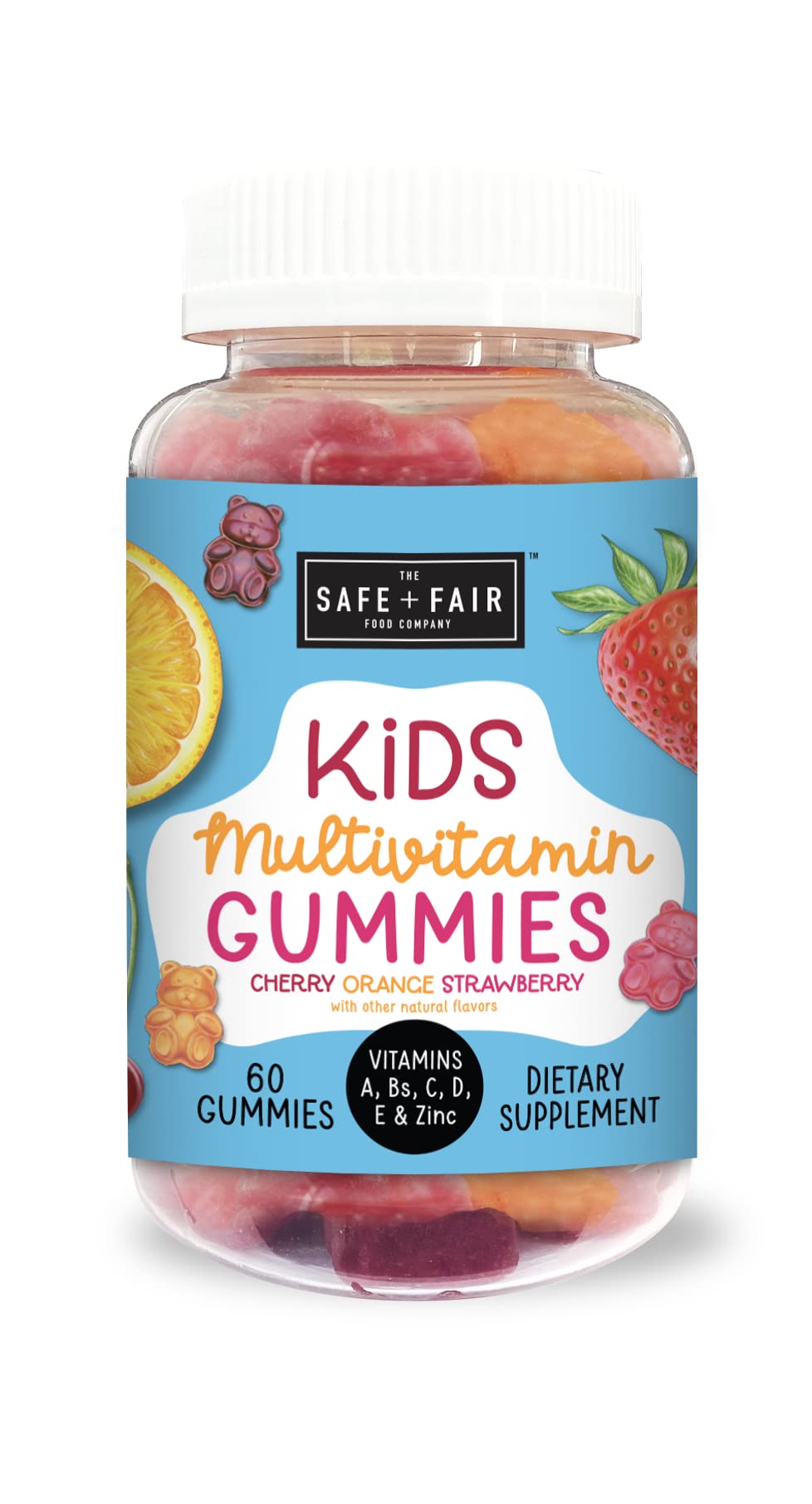 Botella de gomitas multivitamínicas para niños Safe + Fair.