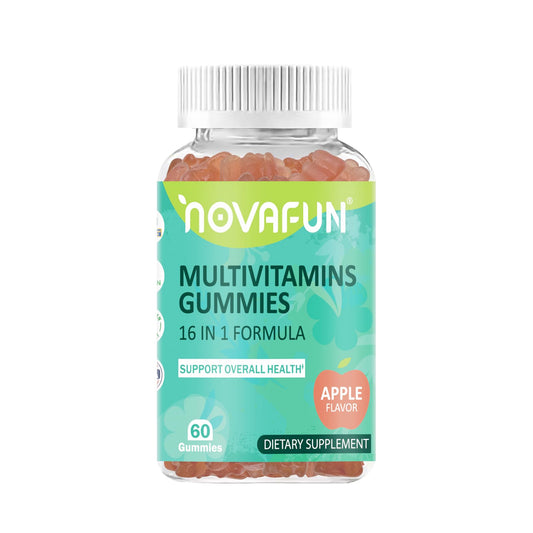 Botella de gomitas multivitamínicas Novafun sabor manzana
