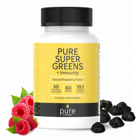 Botella de gomitas multivitamínicas Super Greens con sabor a frambuesa.