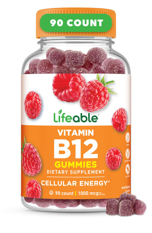 Botella de gomitas vitamina B12 Lifeable 90 unidades sabor frambuesa