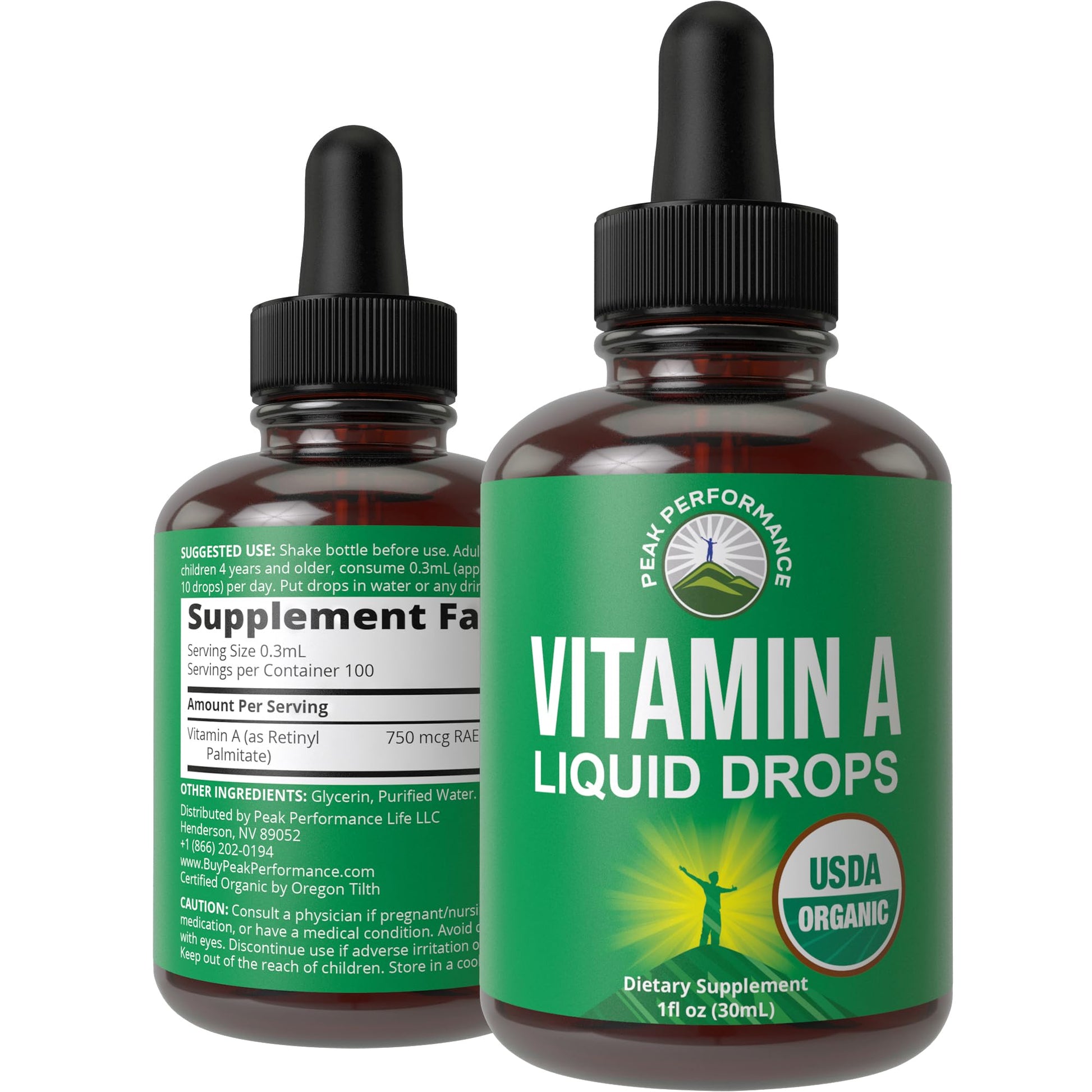 Botella gotas líquidas Vitamina A Peak Performance orgánica